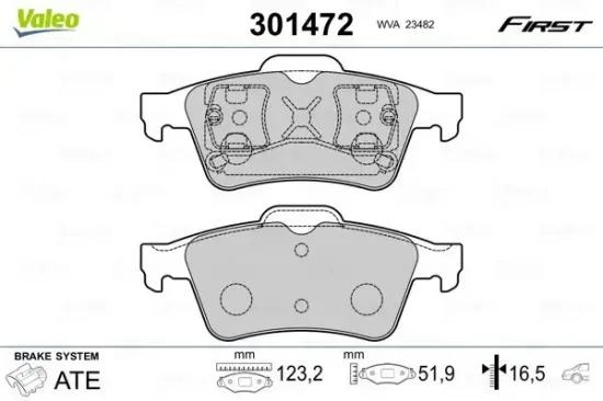 Bremsbelagsatz, Scheibenbremse Hinterachse VALEO 301472 Bild Bremsbelagsatz, Scheibenbremse Hinterachse VALEO 301472