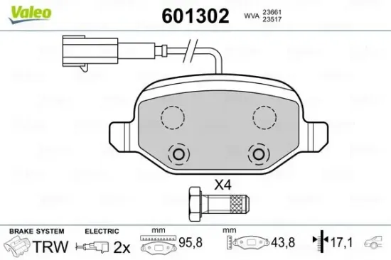 Bremsbelagsatz, Scheibenbremse Hinterachse VALEO 601302 Bild Bremsbelagsatz, Scheibenbremse Hinterachse VALEO 601302