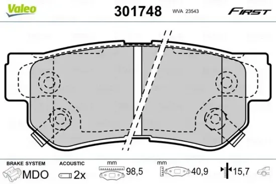 Bremsbelagsatz, Scheibenbremse Hinterachse VALEO 301748 Bild Bremsbelagsatz, Scheibenbremse Hinterachse VALEO 301748