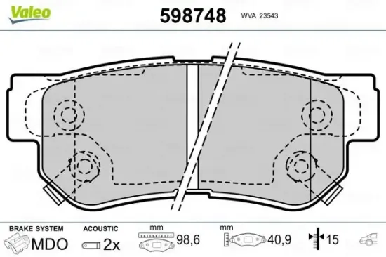 Bremsbelagsatz, Scheibenbremse Hinterachse VALEO 598748 Bild Bremsbelagsatz, Scheibenbremse Hinterachse VALEO 598748