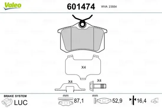Bremsbelagsatz, Scheibenbremse Hinterachse VALEO 601474 Bild Bremsbelagsatz, Scheibenbremse Hinterachse VALEO 601474