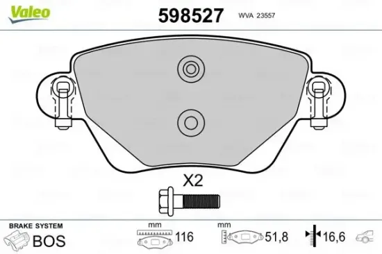 Bremsbelagsatz, Scheibenbremse Hinterachse VALEO 598527 Bild Bremsbelagsatz, Scheibenbremse Hinterachse VALEO 598527