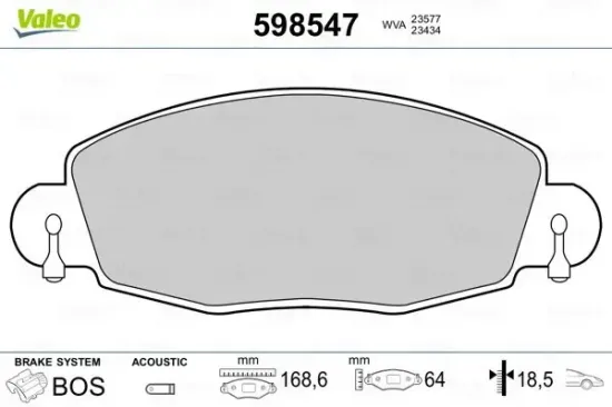 Bremsbelagsatz, Scheibenbremse Vorderachse VALEO 598547 Bild Bremsbelagsatz, Scheibenbremse Vorderachse VALEO 598547