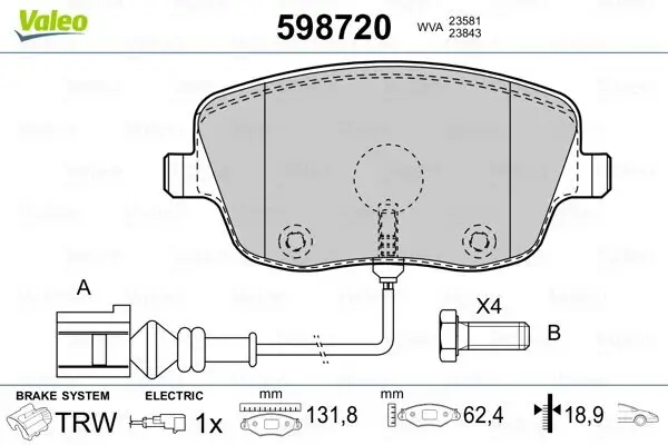 Bremsbelagsatz, Scheibenbremse Vorderachse VALEO 598720