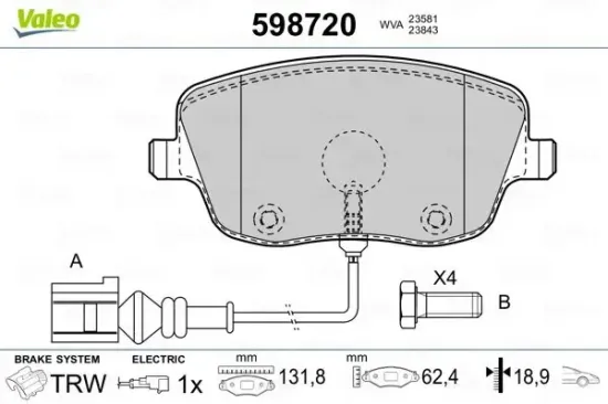 Bremsbelagsatz, Scheibenbremse Vorderachse VALEO 598720 Bild Bremsbelagsatz, Scheibenbremse Vorderachse VALEO 598720