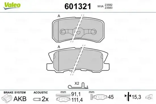 Bremsbelagsatz, Scheibenbremse Hinterachse VALEO 601321 Bild Bremsbelagsatz, Scheibenbremse Hinterachse VALEO 601321