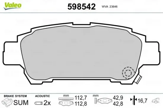 Bremsbelagsatz, Scheibenbremse Hinterachse VALEO 598542 Bild Bremsbelagsatz, Scheibenbremse Hinterachse VALEO 598542