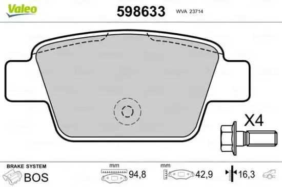 Bremsbelagsatz, Scheibenbremse Hinterachse VALEO 598633 Bild Bremsbelagsatz, Scheibenbremse Hinterachse VALEO 598633