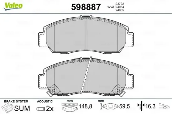 Bremsbelagsatz, Scheibenbremse Vorderachse VALEO 598887 Bild Bremsbelagsatz, Scheibenbremse Vorderachse VALEO 598887