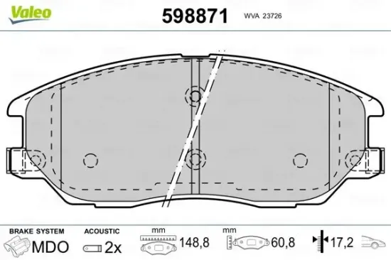 Bremsbelagsatz, Scheibenbremse Vorderachse VALEO 598871 Bild Bremsbelagsatz, Scheibenbremse Vorderachse VALEO 598871