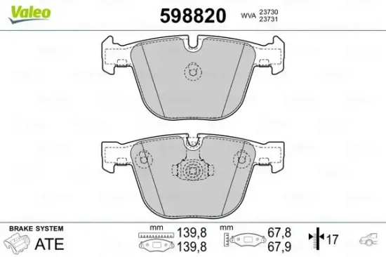 Bremsbelagsatz, Scheibenbremse Hinterachse VALEO 598820 Bild Bremsbelagsatz, Scheibenbremse Hinterachse VALEO 598820