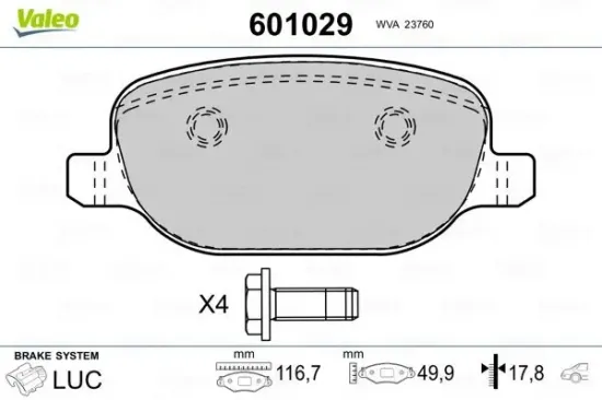 Bremsbelagsatz, Scheibenbremse Hinterachse VALEO 601029 Bild Bremsbelagsatz, Scheibenbremse Hinterachse VALEO 601029