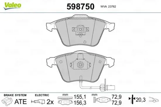 Bremsbelagsatz, Scheibenbremse Vorderachse VALEO 598750 Bild Bremsbelagsatz, Scheibenbremse Vorderachse VALEO 598750