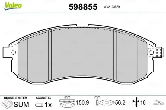 Bremsbelagsatz, Scheibenbremse Vorderachse VALEO 598855 Bild Bremsbelagsatz, Scheibenbremse Vorderachse VALEO 598855