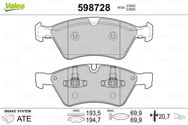 Bremsbelagsatz, Scheibenbremse Vorderachse VALEO 598728