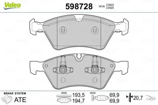Bremsbelagsatz, Scheibenbremse Vorderachse VALEO 598728 Bild Bremsbelagsatz, Scheibenbremse Vorderachse VALEO 598728