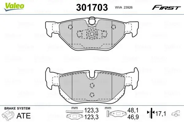 Bremsbelagsatz, Scheibenbremse VALEO 301703 Bild Bremsbelagsatz, Scheibenbremse VALEO 301703