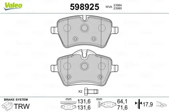 Bremsbelagsatz, Scheibenbremse Vorderachse VALEO 598925 Bild Bremsbelagsatz, Scheibenbremse Vorderachse VALEO 598925