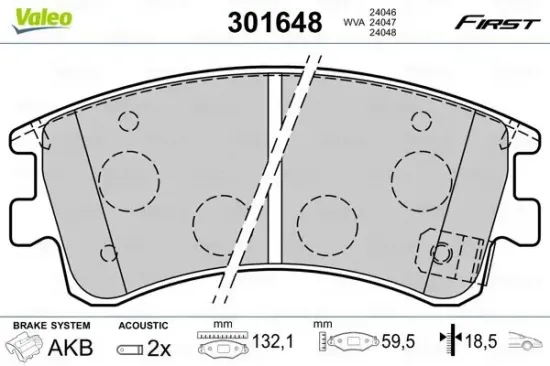 Bremsbelagsatz, Scheibenbremse Vorderachse VALEO 301648 Bild Bremsbelagsatz, Scheibenbremse Vorderachse VALEO 301648