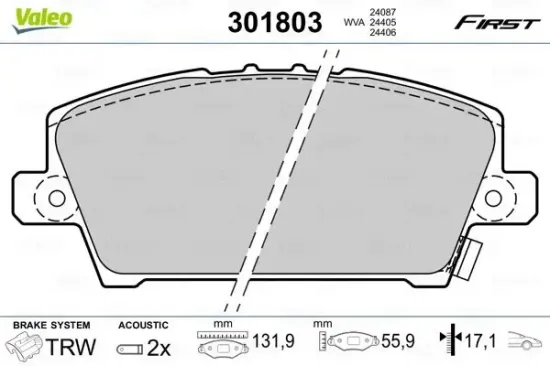 Bremsbelagsatz, Scheibenbremse Vorderachse VALEO 301803 Bild Bremsbelagsatz, Scheibenbremse Vorderachse VALEO 301803