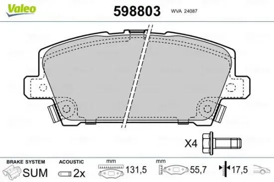 Bremsbelagsatz, Scheibenbremse Vorderachse VALEO 598803 Bild Bremsbelagsatz, Scheibenbremse Vorderachse VALEO 598803