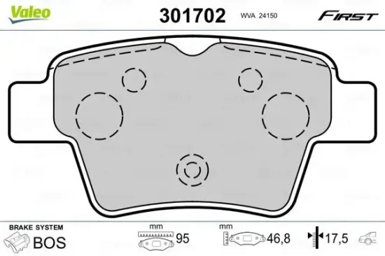 Bremsbelagsatz, Scheibenbremse Hinterachse VALEO 301702 Bild Bremsbelagsatz, Scheibenbremse Hinterachse VALEO 301702