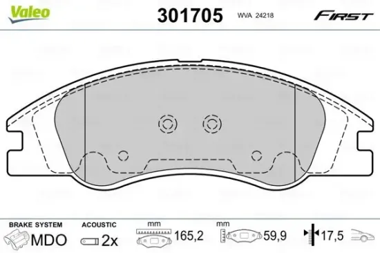 Bremsbelagsatz, Scheibenbremse Vorderachse VALEO 301705 Bild Bremsbelagsatz, Scheibenbremse Vorderachse VALEO 301705