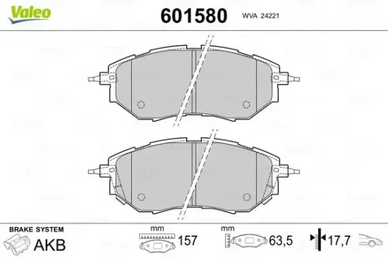 Bremsbelagsatz, Scheibenbremse Vorderachse VALEO 601580 Bild Bremsbelagsatz, Scheibenbremse Vorderachse VALEO 601580