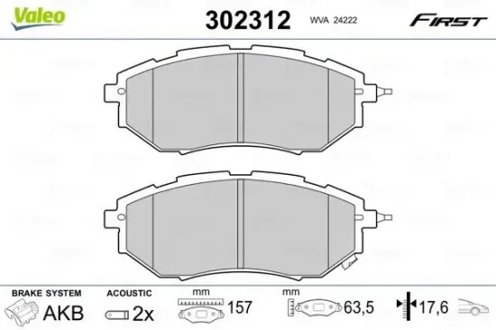 Bremsbelagsatz, Scheibenbremse Vorderachse VALEO 302312 Bild Bremsbelagsatz, Scheibenbremse Vorderachse VALEO 302312