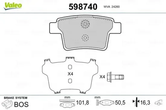 Bremsbelagsatz, Scheibenbremse Hinterachse VALEO 598740 Bild Bremsbelagsatz, Scheibenbremse Hinterachse VALEO 598740