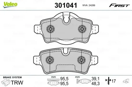 Bremsbelagsatz, Scheibenbremse Hinterachse VALEO 301041 Bild Bremsbelagsatz, Scheibenbremse Hinterachse VALEO 301041