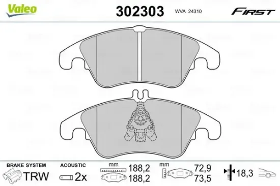 Bremsbelagsatz, Scheibenbremse Vorderachse VALEO 302303 Bild Bremsbelagsatz, Scheibenbremse Vorderachse VALEO 302303