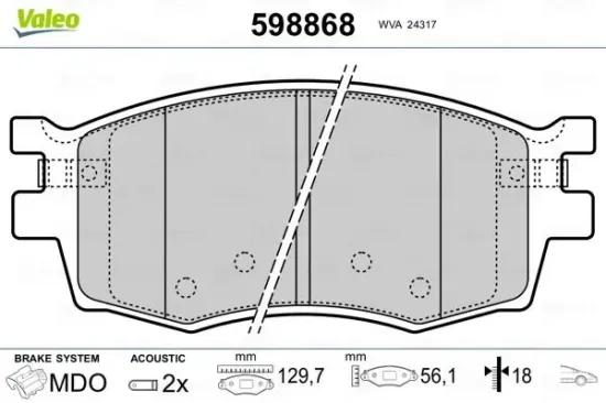 Bremsbelagsatz, Scheibenbremse Vorderachse VALEO 598868 Bild Bremsbelagsatz, Scheibenbremse Vorderachse VALEO 598868