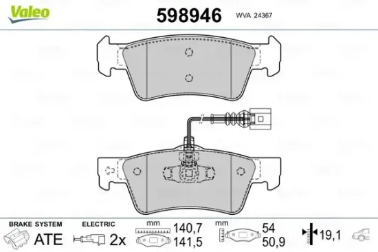 Bremsbelagsatz, Scheibenbremse Hinterachse VALEO 598946 Bild Bremsbelagsatz, Scheibenbremse Hinterachse VALEO 598946