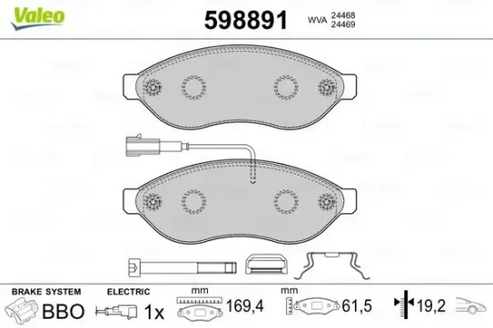 Bremsbelagsatz, Scheibenbremse Vorderachse VALEO 598891 Bild Bremsbelagsatz, Scheibenbremse Vorderachse VALEO 598891