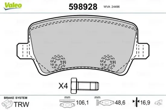 Bremsbelagsatz, Scheibenbremse Hinterachse VALEO 598928 Bild Bremsbelagsatz, Scheibenbremse Hinterachse VALEO 598928