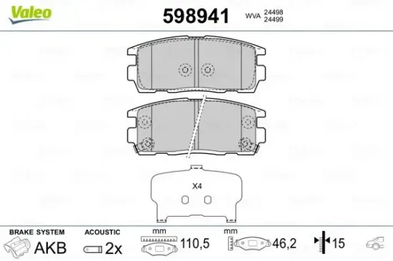 Bremsbelagsatz, Scheibenbremse Hinterachse VALEO 598941 Bild Bremsbelagsatz, Scheibenbremse Hinterachse VALEO 598941