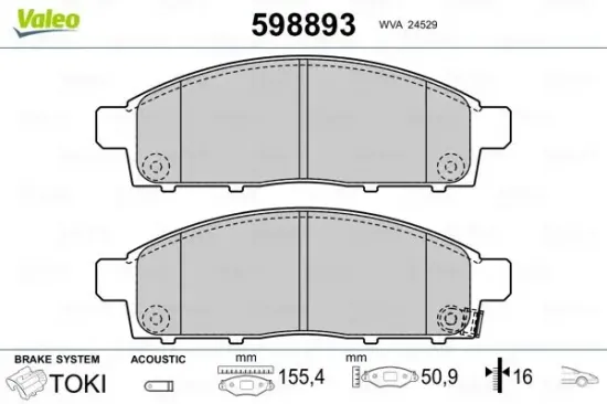 Bremsbelagsatz, Scheibenbremse Vorderachse VALEO 598893 Bild Bremsbelagsatz, Scheibenbremse Vorderachse VALEO 598893