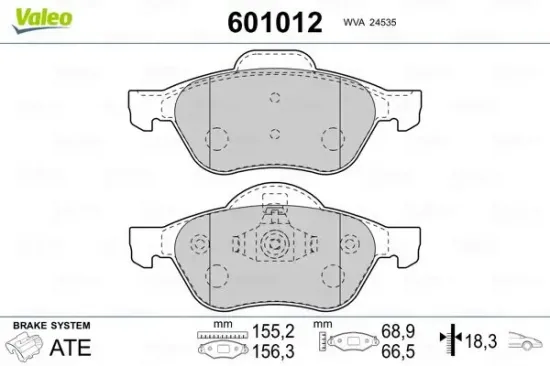 Bremsbelagsatz, Scheibenbremse Vorderachse VALEO 601012 Bild Bremsbelagsatz, Scheibenbremse Vorderachse VALEO 601012