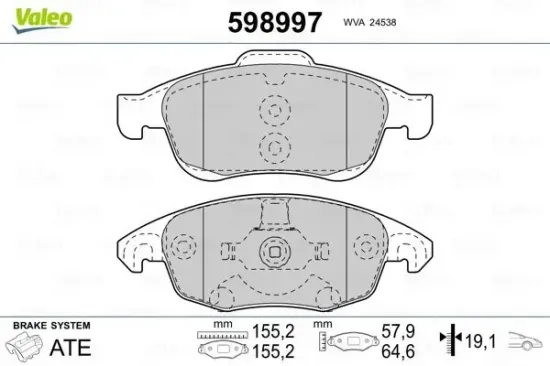 Bremsbelagsatz, Scheibenbremse Vorderachse VALEO 598997 Bild Bremsbelagsatz, Scheibenbremse Vorderachse VALEO 598997
