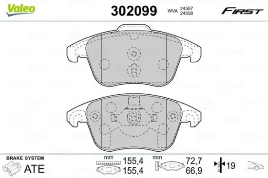 Bremsbelagsatz, Scheibenbremse Vorderachse VALEO 302099 Bild Bremsbelagsatz, Scheibenbremse Vorderachse VALEO 302099