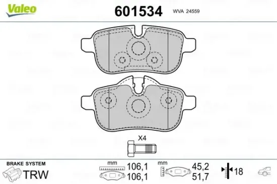 Bremsbelagsatz, Scheibenbremse Hinterachse VALEO 601534 Bild Bremsbelagsatz, Scheibenbremse Hinterachse VALEO 601534