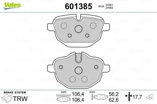 Bremsbelagsatz, Scheibenbremse Hinterachse VALEO 601385 Bild Bremsbelagsatz, Scheibenbremse Hinterachse VALEO 601385