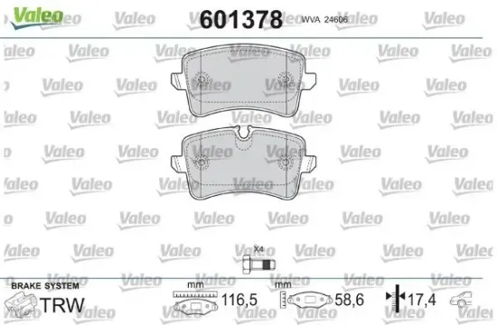 Bremsbelagsatz, Scheibenbremse Hinterachse VALEO 601378 Bild Bremsbelagsatz, Scheibenbremse Hinterachse VALEO 601378