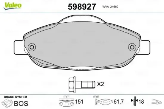 Bremsbelagsatz, Scheibenbremse Vorderachse VALEO 598927 Bild Bremsbelagsatz, Scheibenbremse Vorderachse VALEO 598927