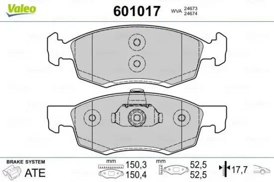Bremsbelagsatz, Scheibenbremse Vorderachse VALEO 601017 Bild Bremsbelagsatz, Scheibenbremse Vorderachse VALEO 601017