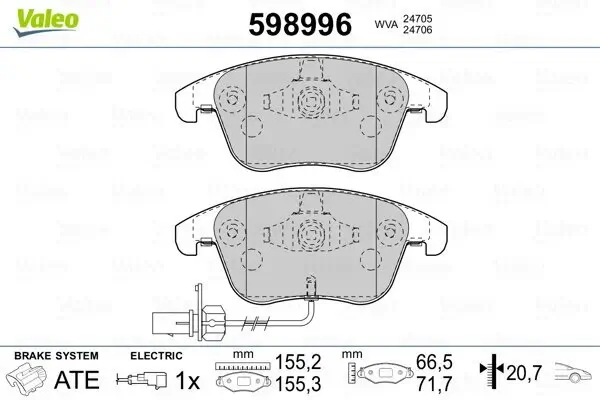 Bremsbelagsatz, Scheibenbremse Vorderachse VALEO 598996