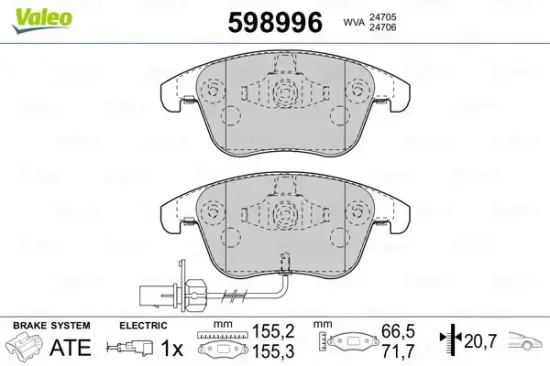 Bremsbelagsatz, Scheibenbremse Vorderachse VALEO 598996 Bild Bremsbelagsatz, Scheibenbremse Vorderachse VALEO 598996