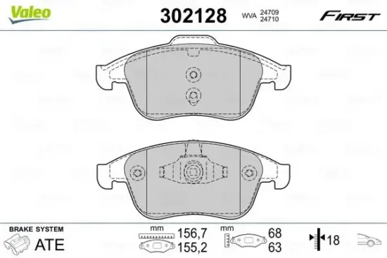 Bremsbelagsatz, Scheibenbremse Vorderachse VALEO 302128 Bild Bremsbelagsatz, Scheibenbremse Vorderachse VALEO 302128