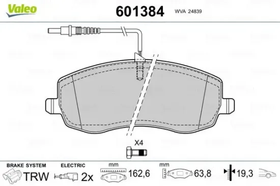 Bremsbelagsatz, Scheibenbremse Vorderachse VALEO 601384 Bild Bremsbelagsatz, Scheibenbremse Vorderachse VALEO 601384